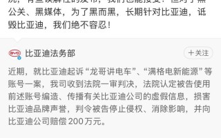“龙哥讲电车”等账号侵权比亚迪，判赔200万元！